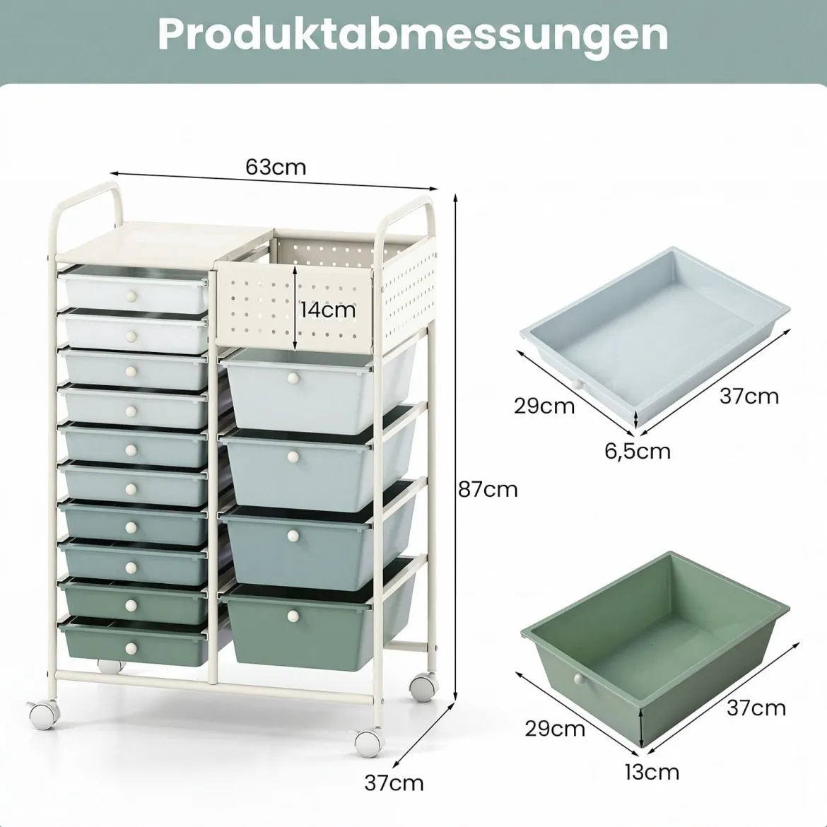 Rollwagen auf Rollen Servierwagen mit 14 Schubladen Tablett Lochplatte 63 x 37 x 87 cm