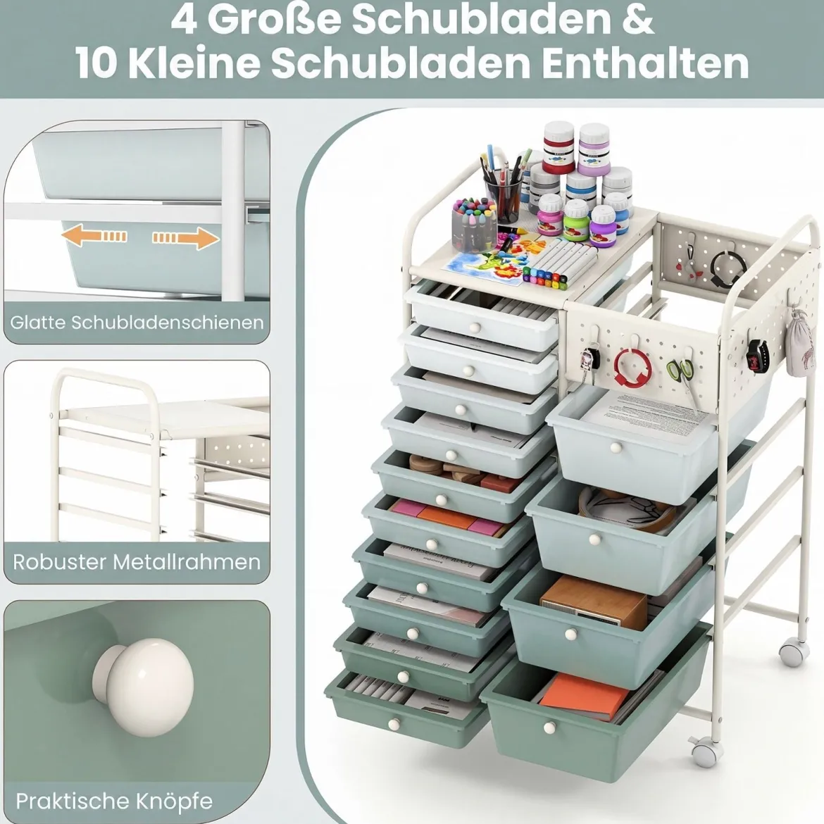 Rollwagen auf Rollen Servierwagen mit 14 Schubladen Tablett Lochplatte 63 x 37 x 87 cm
