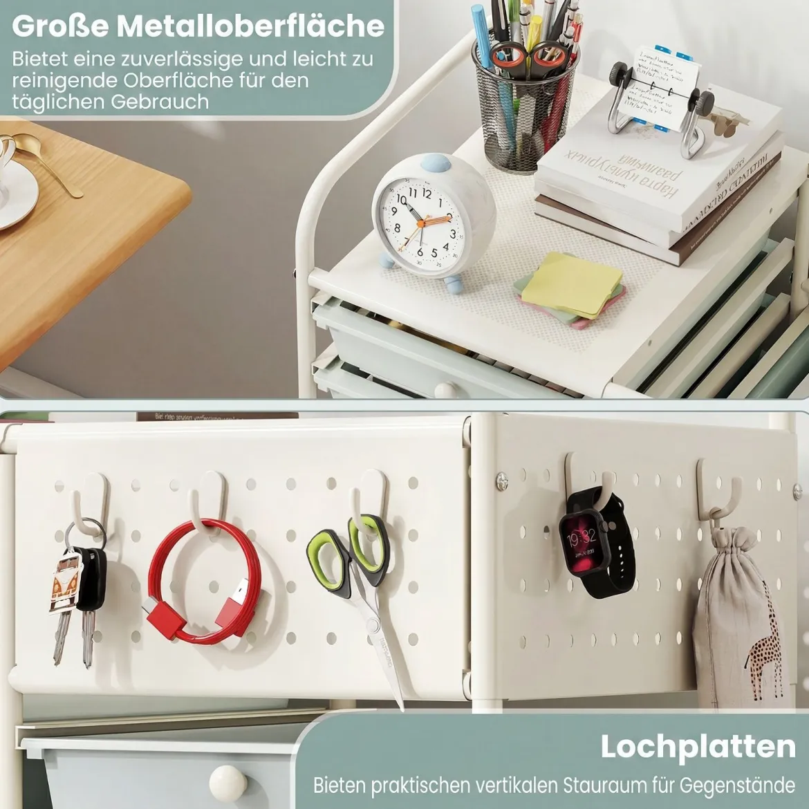 Rollwagen auf Rollen Servierwagen mit 14 Schubladen Tablett Lochplatte 63 x 37 x 87 cm