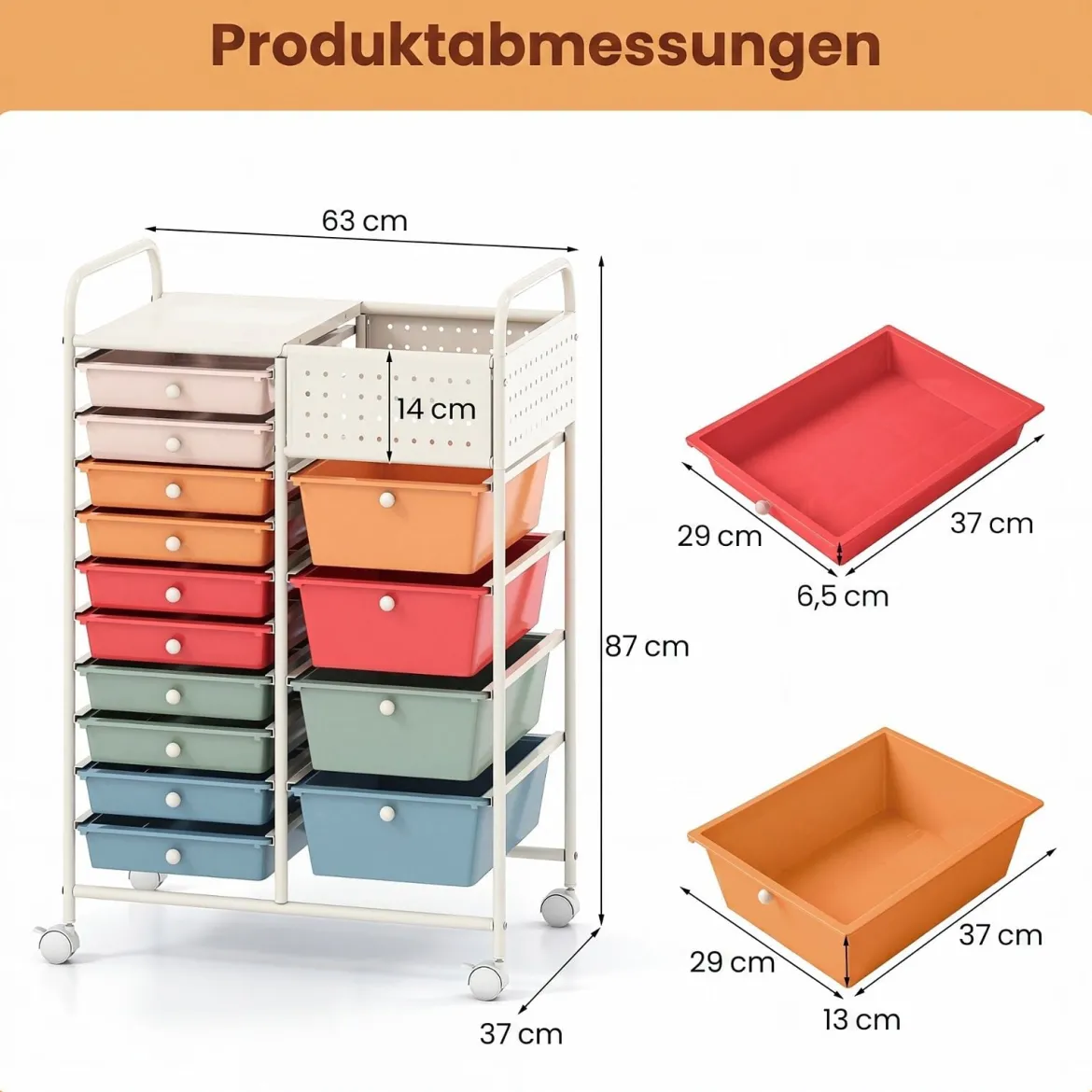 Rollwagen auf Rollen Servierwagen mit 14 Schubladen Tablett Lochplatte 63 x 37 x 87 cm