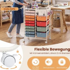 Rollwagen auf Rollen Servierwagen mit 14 Schubladen Tablett Lochplatte 63 x 37 x 87 cm