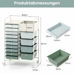 Rollwagen auf Rollen Servierwagen mit 14 Schubladen Tablett Lochplatte 63 x 37 x 87 cm