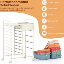 Rollwagen auf Rollen Servierwagen mit 14 Schubladen Tablett Lochplatte 63 x 37 x 87 cm