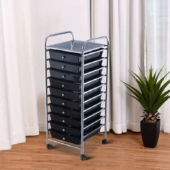 Rollwagen Bad Rollcontainer Beistellwagen mit 10 Schubladen Transparent/Bunt/Schwarz/Gelb 33 x 37 x 86 cm