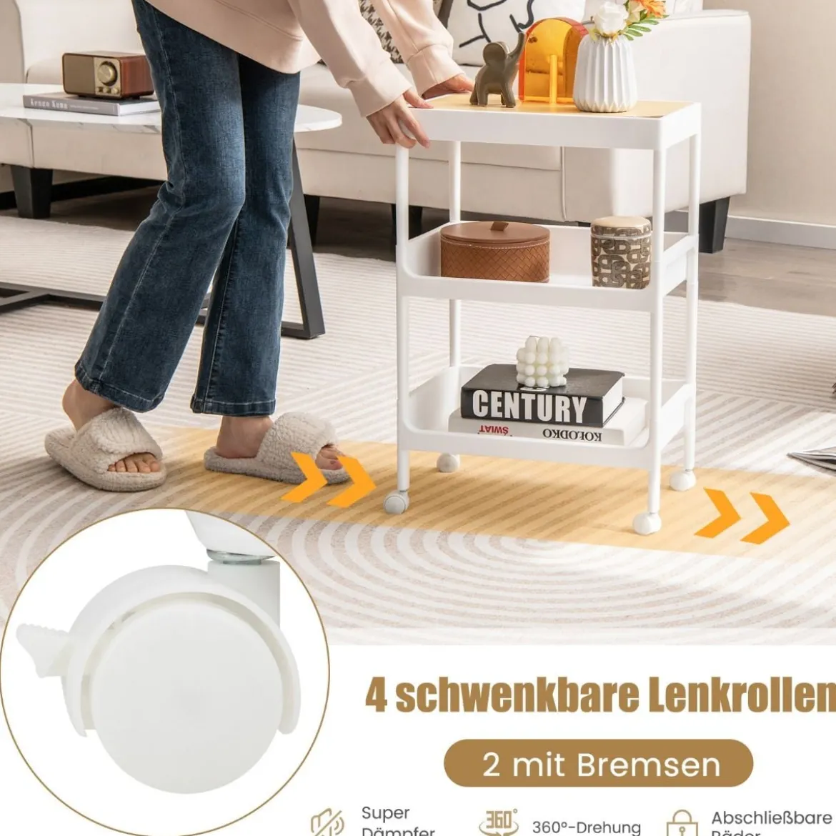 Rollwagen mit 3 Ebenen Servierwagen mit Rollen und abnehmbarem Tablett