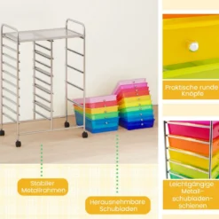 Rollwagen mit 10 Schubladen Trolley mit verchromtem Metallrahmen und abschließbaren Universalrollen Organizer Bunt 38 x 32 x 97 cm