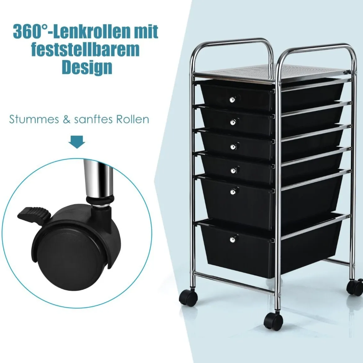Rollwagen mit 6 Stapelbaren Schubladen & Metallgestell & Ablagefläche Schwarz