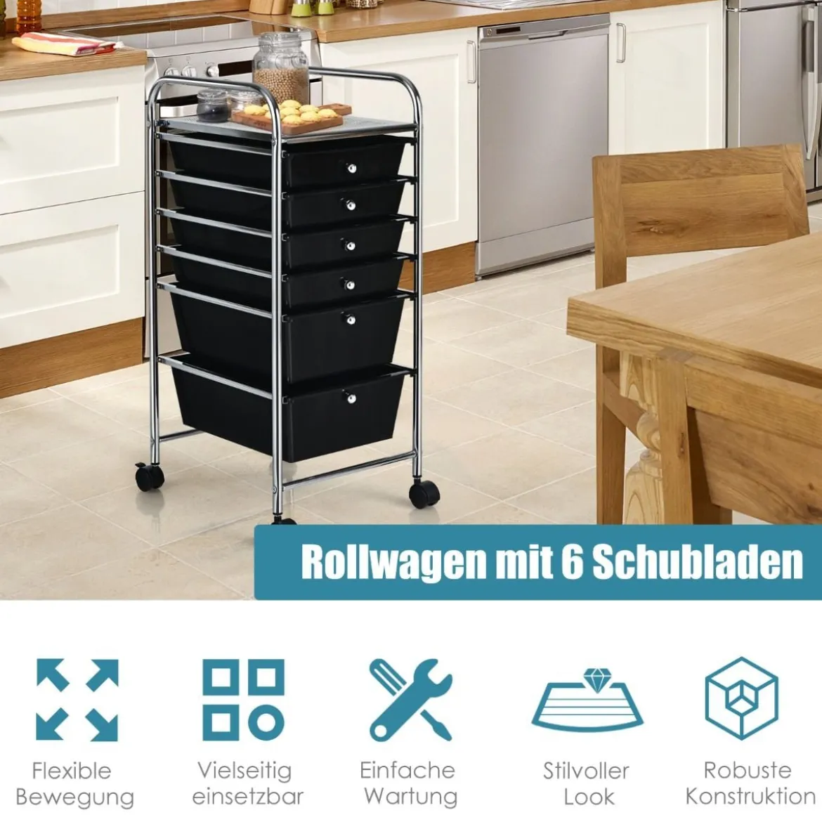 Rollwagen mit 6 Stapelbaren Schubladen & Metallgestell & Ablagefläche Schwarz