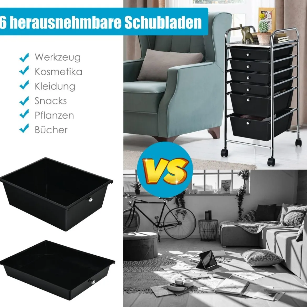 Rollwagen mit 6 Stapelbaren Schubladen & Metallgestell & Ablagefläche Schwarz