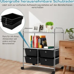 Rollwagen mit 4 stapelbaren Schubladen & Metallgestell & Ablageflächen Rollcontainer