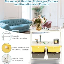 Rollwagen mit 4 stapelbaren Schubladen & Metallgestell & Ablageflächen Rollcontainer