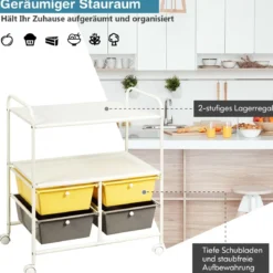 Rollwagen mit 4 stapelbaren Schubladen & Metallgestell & Ablageflächen Rollcontainer
