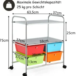 Rollwagen mit 4 stapelbaren Schubladen & Metallgestell & Ablageflächen Rollcontainer