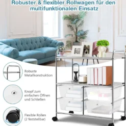 Rollwagen mit 4 stapelbaren Schubladen & Metallgestell & Ablageflächen Rollcontainer
