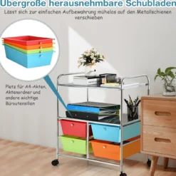 Rollwagen mit 4 stapelbaren Schubladen & Metallgestell & Ablageflächen Rollcontainer