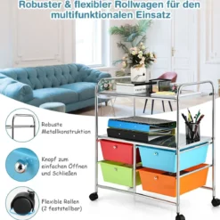 Rollwagen mit 4 stapelbaren Schubladen & Metallgestell & Ablageflächen Rollcontainer