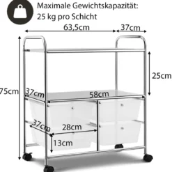 Rollwagen mit 4 stapelbaren Schubladen & Metallgestell & Ablageflächen Rollcontainer