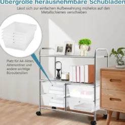 Rollwagen mit 4 stapelbaren Schubladen & Metallgestell & Ablageflächen Rollcontainer