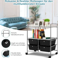 Rollwagen mit 4 stapelbaren Schubladen & Metallgestell & Ablageflächen Rollcontainer