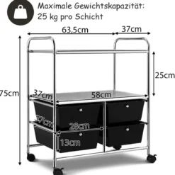 Rollwagen mit 4 stapelbaren Schubladen & Metallgestell & Ablageflächen Rollcontainer