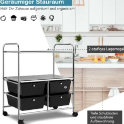 Rollwagen mit 4 stapelbaren Schubladen & Metallgestell & Ablageflächen Rollcontainer