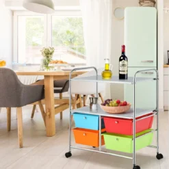 Rollwagen mit 4 stapelbaren Schubladen & Metallgestell & Ablageflächen Rollcontainer