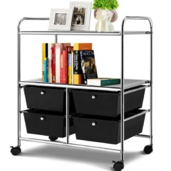 Rollwagen mit 4 stapelbaren Schubladen & Metallgestell & Ablageflächen Rollcontainer