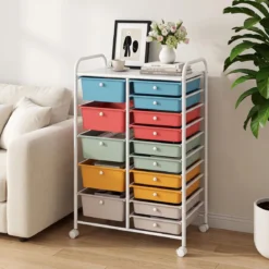 Rollwagen mit 15 Stapelbaren Schubladen & Griffen Schubladenwagen 63 x 38 x 96 cm Macaron