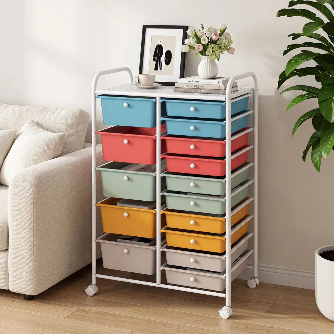 Rollwagen mit 15 Stapelbaren Schubladen & Griffen Schubladenwagen 63 x 38 x 96 cm Macaron