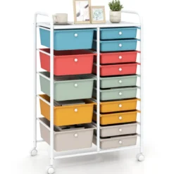 Rollwagen mit 15 Stapelbaren Schubladen & Griffen Schubladenwagen 63 x 38 x 96 cm Macaron