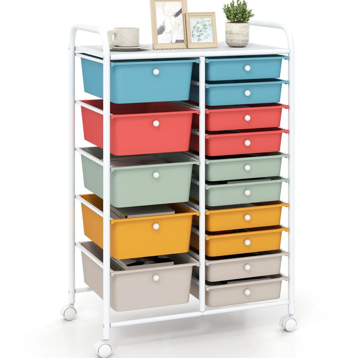 Rollwagen mit 15 Stapelbaren Schubladen & Griffen Schubladenwagen 63 x 38 x 96 cm Macaron