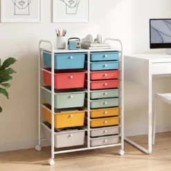 Rollwagen mit 15 Stapelbaren Schubladen & Griffen Schubladenwagen 63 x 38 x 96 cm Macaron