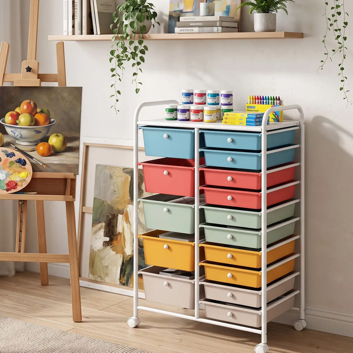 Rollwagen mit 15 Stapelbaren Schubladen & Griffen Schubladenwagen 63 x 38 x 96 cm Macaron