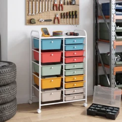 Rollwagen mit 15 Stapelbaren Schubladen & Griffen Schubladenwagen 63 x 38 x 96 cm Macaron
