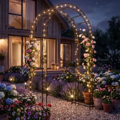 Rosenbogen aus Pulverbeschichtetem Metall Rankbogen mit Erdankern Stabiler Gartenbogen 138 x 59 x 213 cm