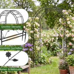 Rosenbogen aus Pulverbeschichtetem Metall Rankbogen mit Erdankern Stabiler Gartenbogen 138 x 59 x 213 cm