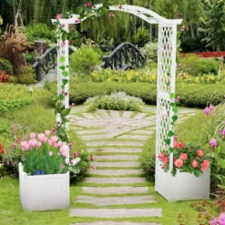 Rosenbogen Holz 2 in 1 Torbogen mit Blumenkasten Garten Pergola modern 183 x 42 x 200 cm Weiß