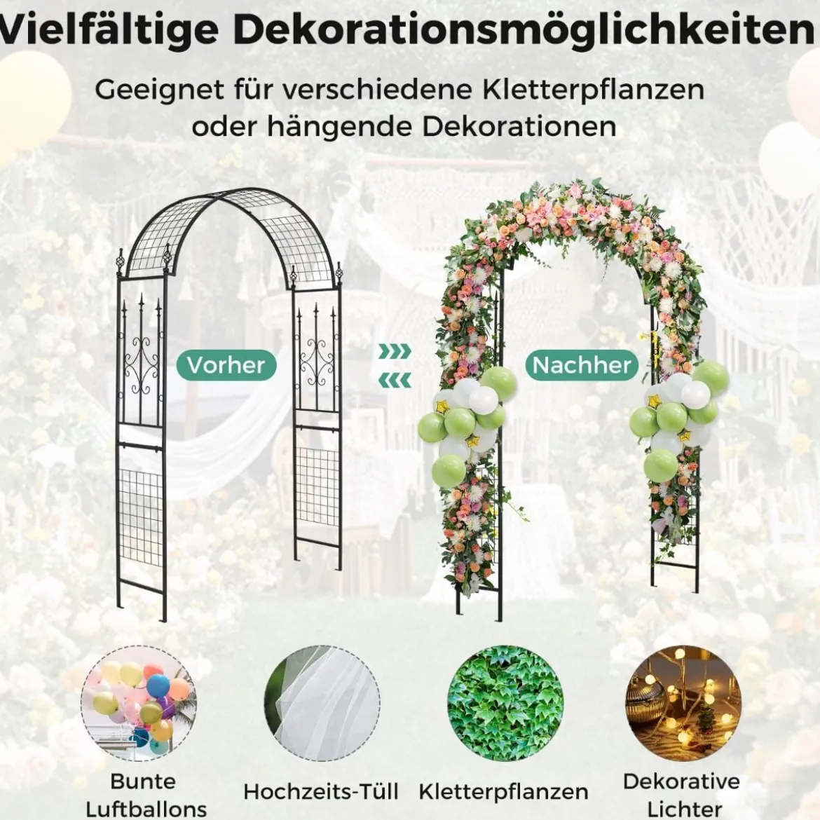 Rosenbogen Metall Gartenbogen für Kletterpflanzen Rankbogen für Hinterhof Hochzeit Party 143 x 40 x 234 cm