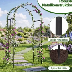 Rosenbogen Metall Wetterfest Gartenbogen für Kletterpflanzen mit 4 Bodenpfählen 117 x 57 x 231 cm Schwarz