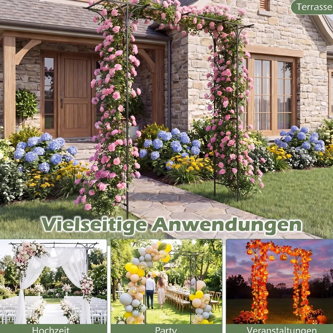 Rosenbogen Metall Wetterfester Gartenbogen mit 4 Metallpfählen und Verlängertem Dach Schwarz