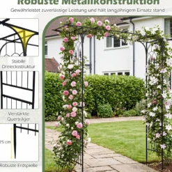 Rosenbogen Metall Wetterfester Gartenbogen mit 4 Metallpfählen und Verlängertem Dach Schwarz