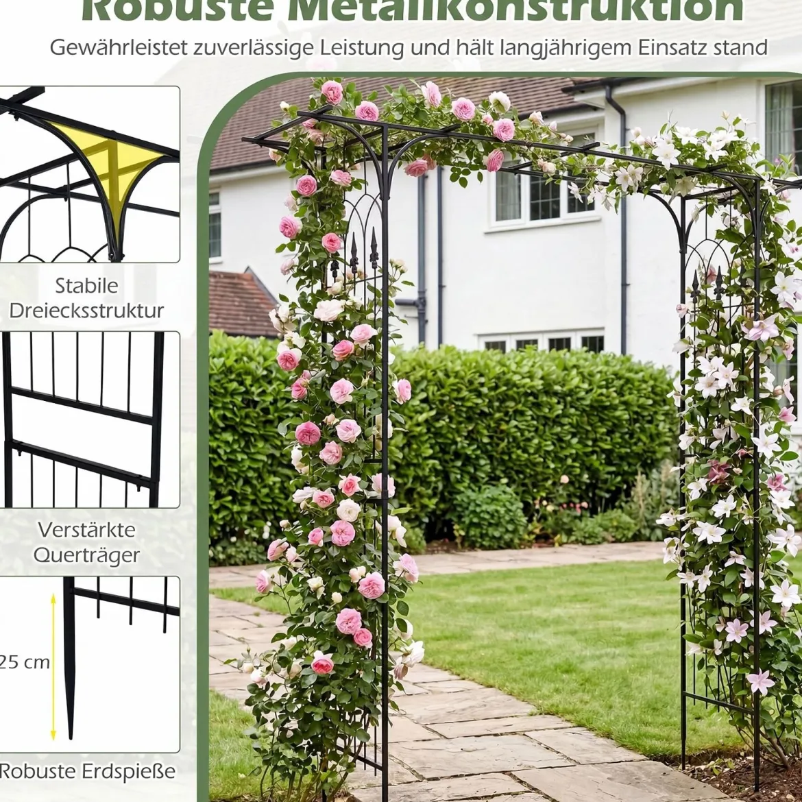 Rosenbogen Metall Wetterfester Gartenbogen mit 4 Metallpfählen und Verlängertem Dach Schwarz