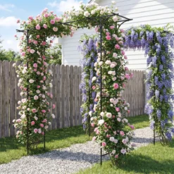 Rosenbogen Metall Wetterfester Gartenbogen mit 4 Metallpfählen und Verlängertem Dach Schwarz