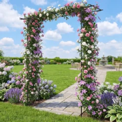 Rosenbogen Metall Wetterfester Gartenbogen mit 4 Metallpfählen und Verlängertem Dach Schwarz