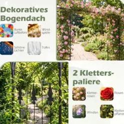 Rosenbogen Metall Wetterfester Gartenbogen mit 4 Metallpfählen und Verlängertem Dach Schwarz