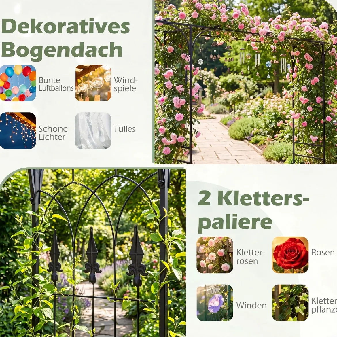 Rosenbogen Metall Wetterfester Gartenbogen mit 4 Metallpfählen und Verlängertem Dach Schwarz