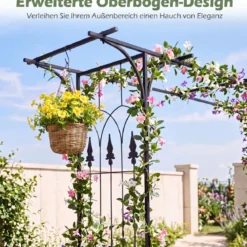 Rosenbogen Metall Wetterfester Gartenbogen mit 4 Metallpfählen und Verlängertem Dach Schwarz