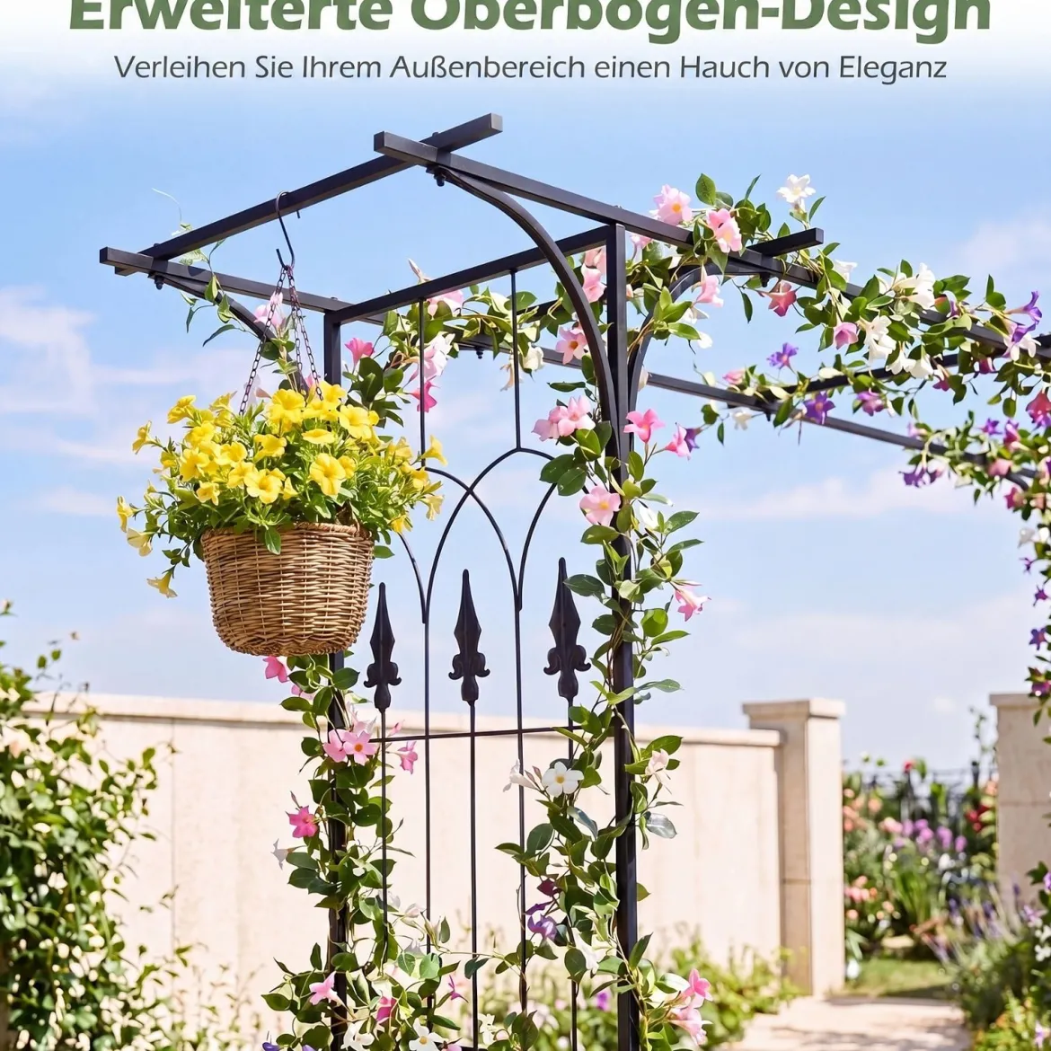Rosenbogen Metall Wetterfester Gartenbogen mit 4 Metallpfählen und Verlängertem Dach Schwarz