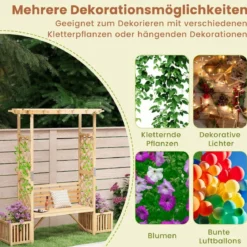 Rosenbogen mit Bank & 2 Pflanzkübel Holz 2-Sitzer Gartenbank mit Rankhilfe Gartenbogen Natur