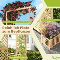 Rosenbogen mit Bank & 2 Pflanzkübel Holz 2-Sitzer Gartenbank mit Rankhilfe Gartenbogen Natur
